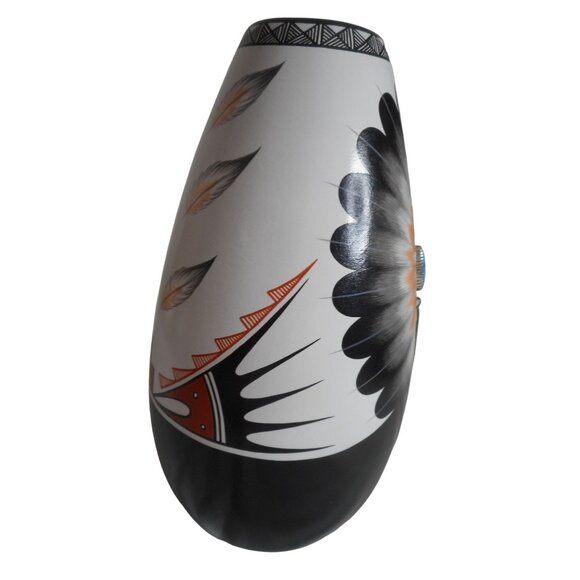 Native American Jemez NM Handpainted Pottery decor Turquoise Feather Gachupin - Picture 9 of 10